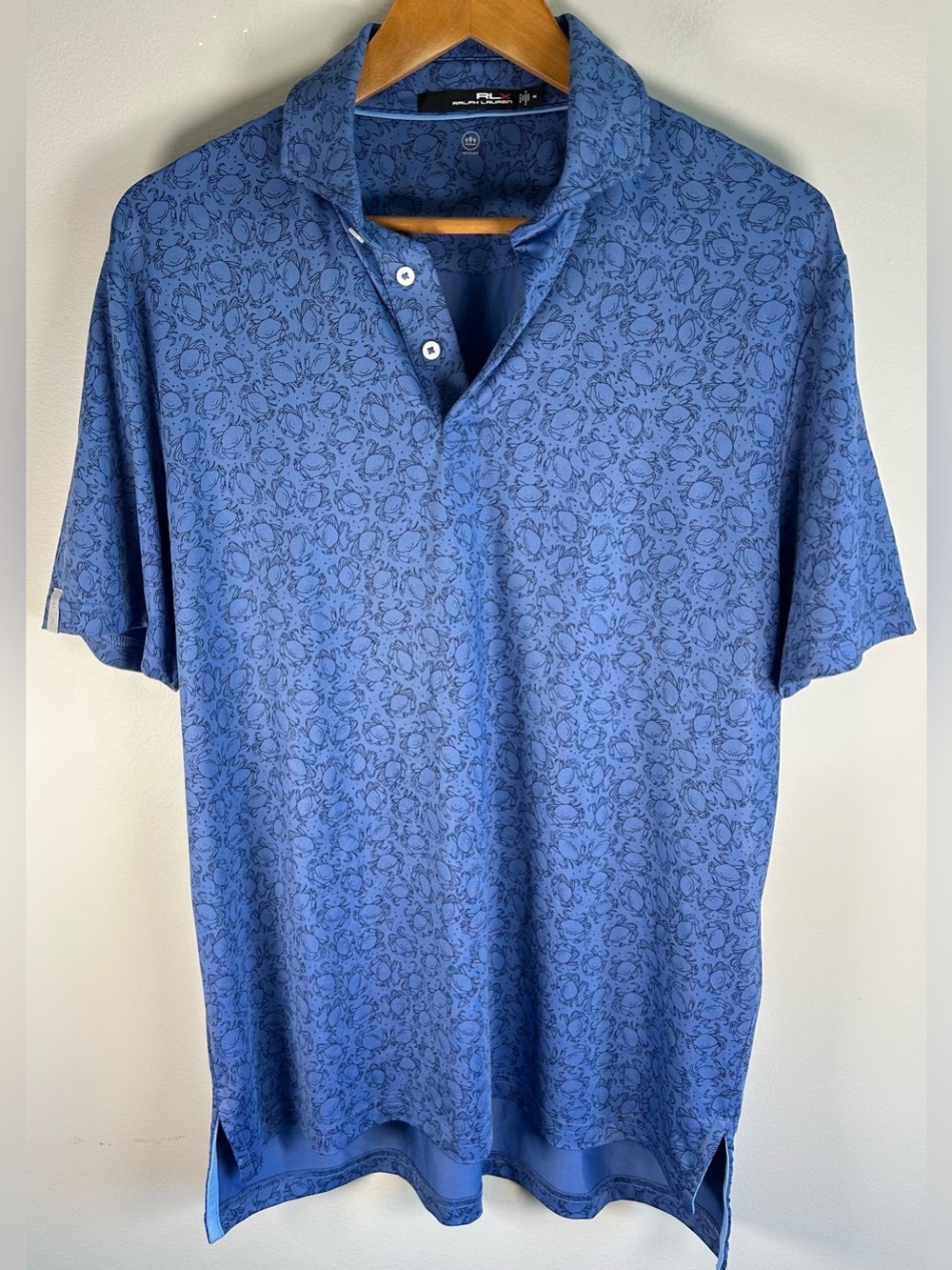 RLX Ralph Lauren Mens Polo Shirt Size M Blue Crab Print Wicking Golf Performance